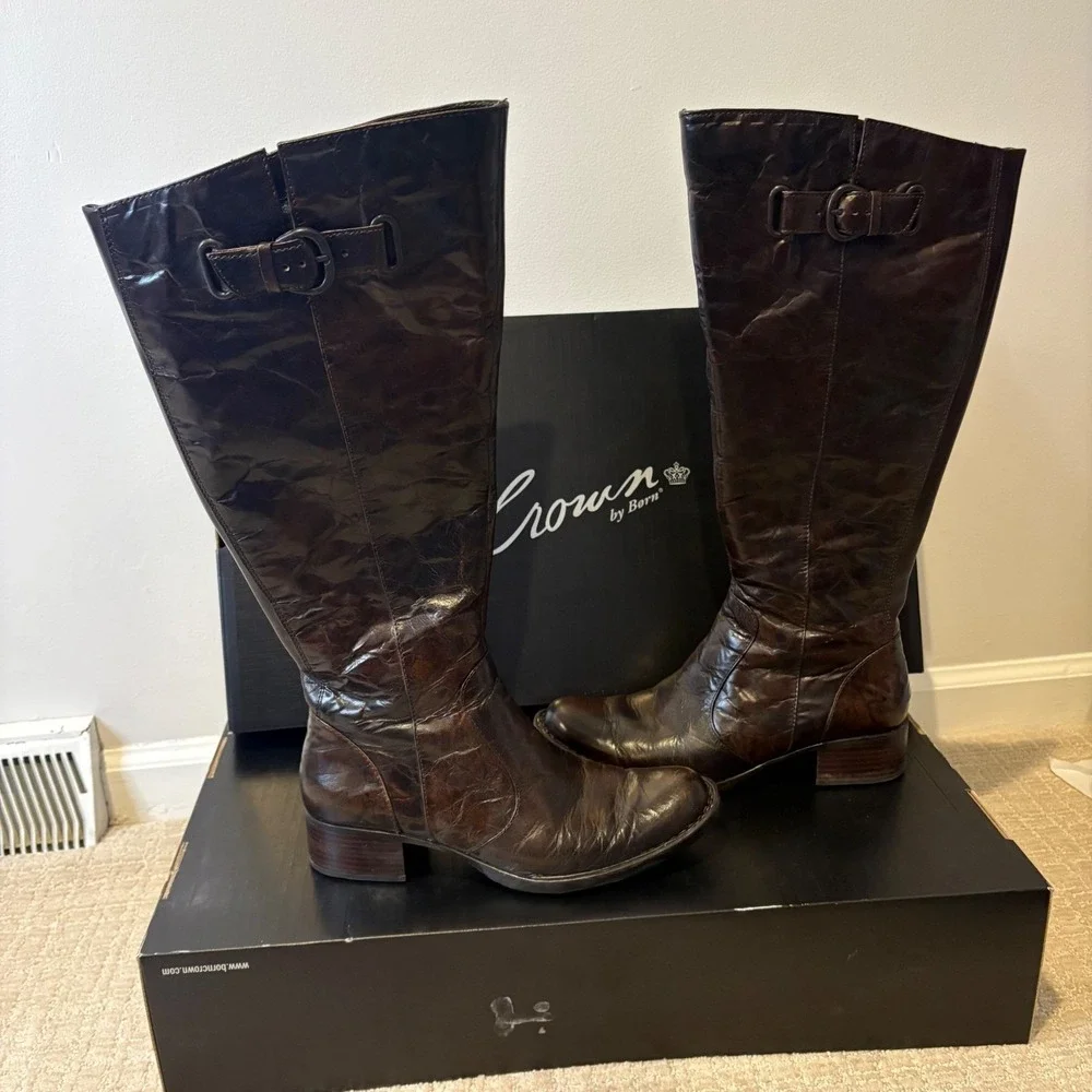 Crown by Born Roxie Tan Burnished Wide Calf Leather‎ Knee High Boots Size 7.5 M